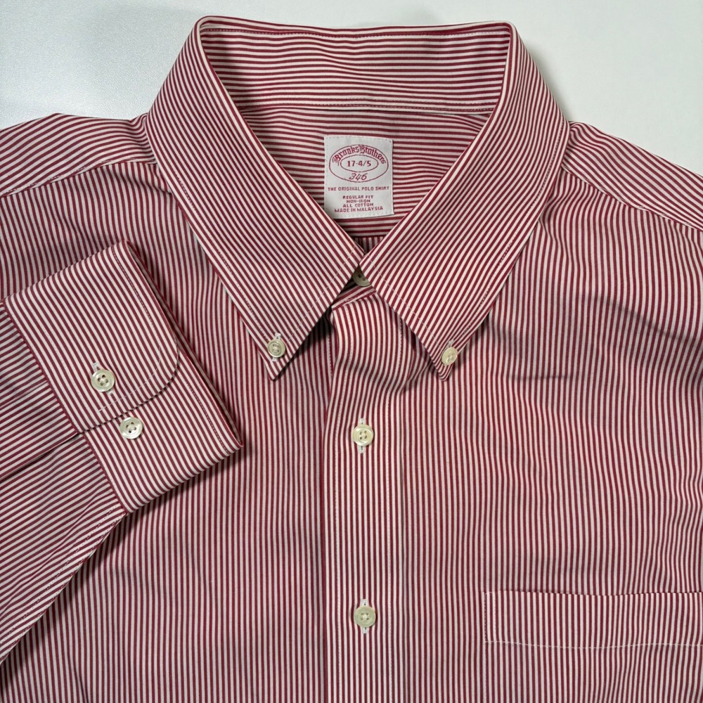 Brooks Brothers Dress Shirt Mens 17 4/5 Red Striped Non-Iron Regular Fit